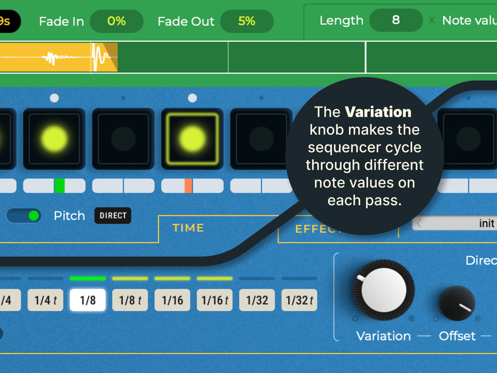The Variation knob in the Parrot audio repeater app interface allows the sequencer to cycle through different note values.