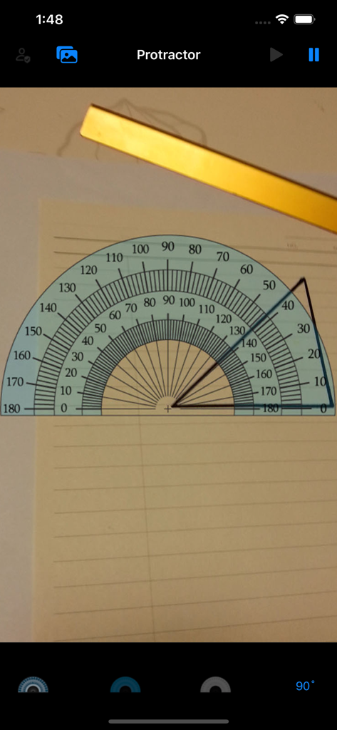 Protractor (Angle measurement) - Camera view of a digital protractor overlay measuring a triangle on paper