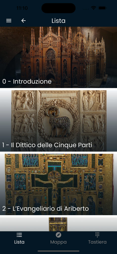 Duomo Milano - Mobile app interface displaying a list of historical artworks and artifacts from the Milan Cathedral Museum including the Ariberto Gospels and religious carvings