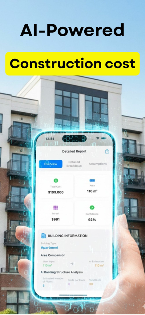 Construction Calculator AI - iPhone displaying an AI-generated construction cost report for an apartment building project.