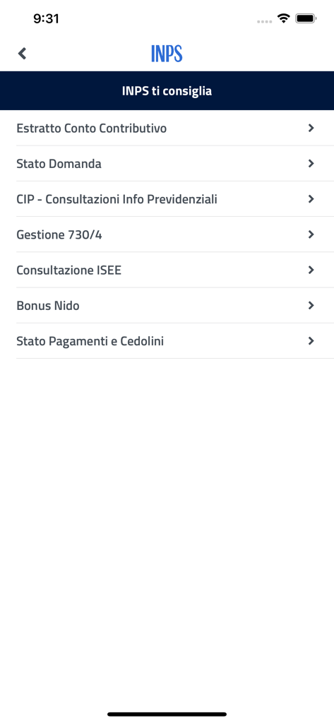 INPS mobile - Captura de pantalla de la aplicación INPS mobile que muestra un menú de servicios de seguridad social como declaraciones de contribuciones y estado de pagos.