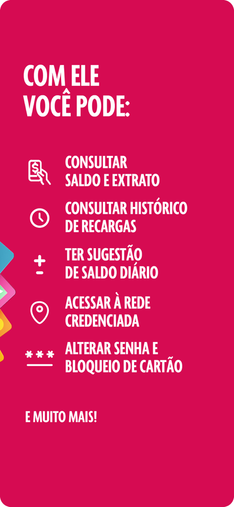 List of features of the Beneficios Saldo e produtos app including balance check recharge history and card blocking