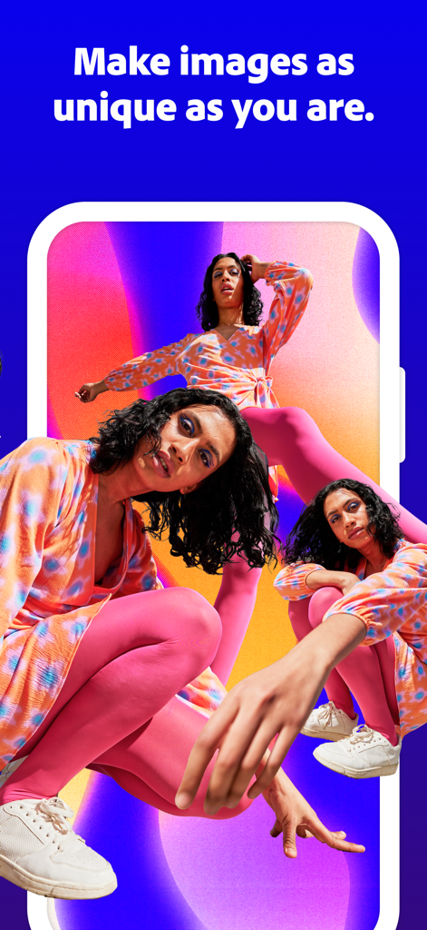 Eine lebendige Fotocollage einer Frau vor einem farbenfrohen Hintergrund, erstellt mit Adobe Photoshop Mobile