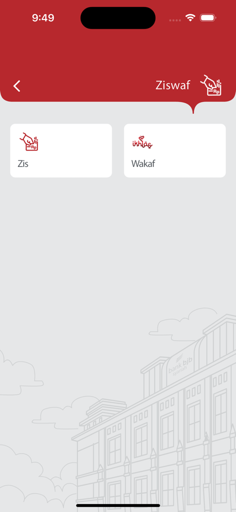 Mobile Maslahah by bjb syariah - Ziswaf-Bildschirm in der Mobile Maslahah App mit Optionen für Zis- und Wakaf-Spenden