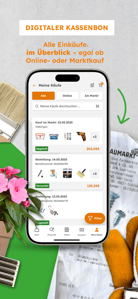 Globus Baumarkt - Pantalla de smartphone que muestra recibos digitales e historial de compras en la aplicación Globus Baumarkt.