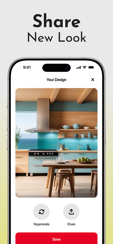 Home AI - AI Interior Design - AI generated modern kitchen design with wood and blue tones on a smartphone screen