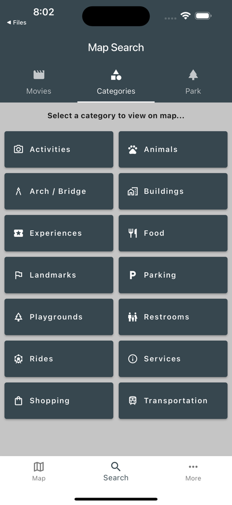 Central Park Movie Map - Map search screen displaying various categories for Central Park landmarks and visitor amenities