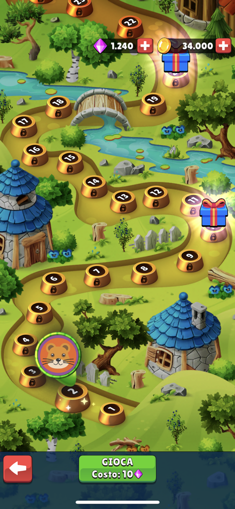 Un sentiero tortuoso con livelli numerati in un paesaggio da cartone animato all'interno del gioco mobile Scopa Classica