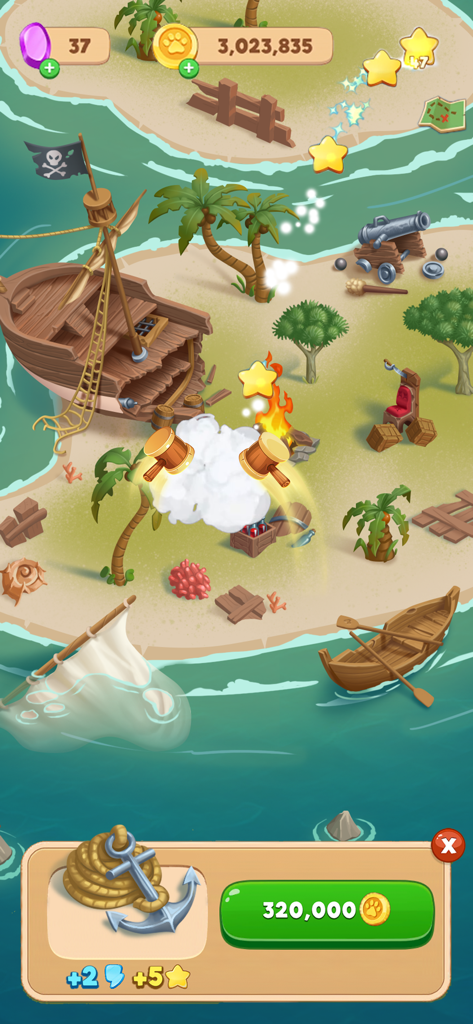 Gameplay screenshot showing island village building and currency in Tiles Of Fortune