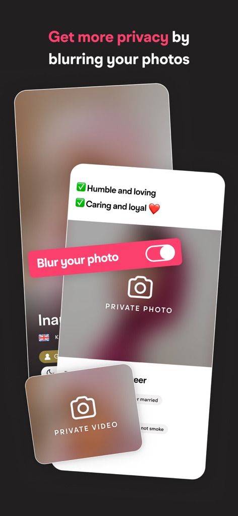 Muzz: Where Muslims Marry - 흐리게 처리된 프로필 사진과 동영상, 개인 정보 보호 활성화 토글 스위치가 있는 Muzz 앱 인터페이스