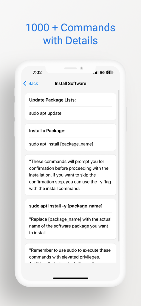 Learn Kali Linux - Interfaz de la aplicación móvil Aprende Kali Linux mostrando comandos detallados de instalación de software y explicaciones