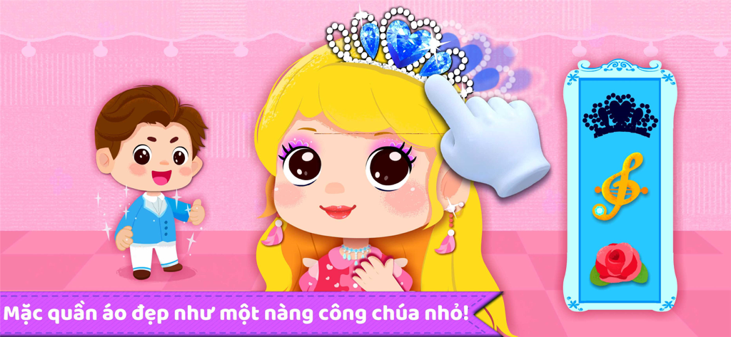 A young girl character getting a sparkling blue tiara in a dress up game for kids.