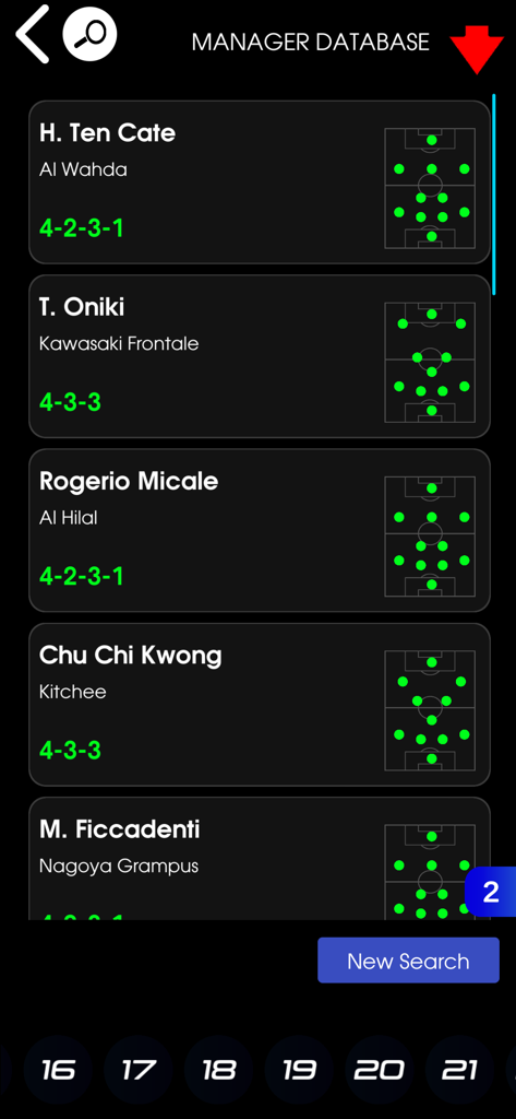 eFHUB 26 - The manager database screen in the eFHUB 26 app showing a list of football managers with their clubs and tactical formations like 4-2-3-1 and 4-3-3.