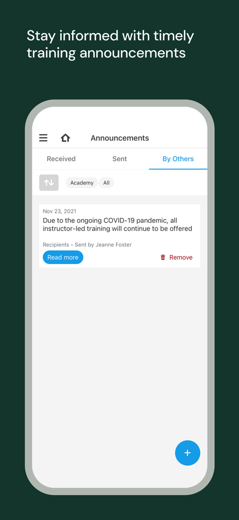 A mobile screen showing training announcements within the UKG Pro Learning app.