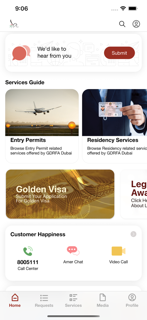 GDRFA DXB - GDRFA DXB mobile app dashboard showing entry permits residency services and golden visa application options
