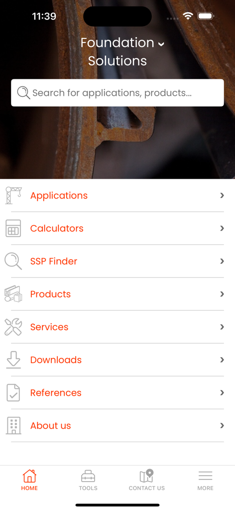 ArcelorMittal Projects - Home screen of ArcelorMittal Projects app showing foundation solutions menu