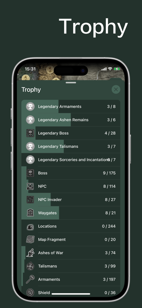 Pantalla de smartphone mostrando el seguimiento del progreso de trofeos y objetos del juego Elden Ring