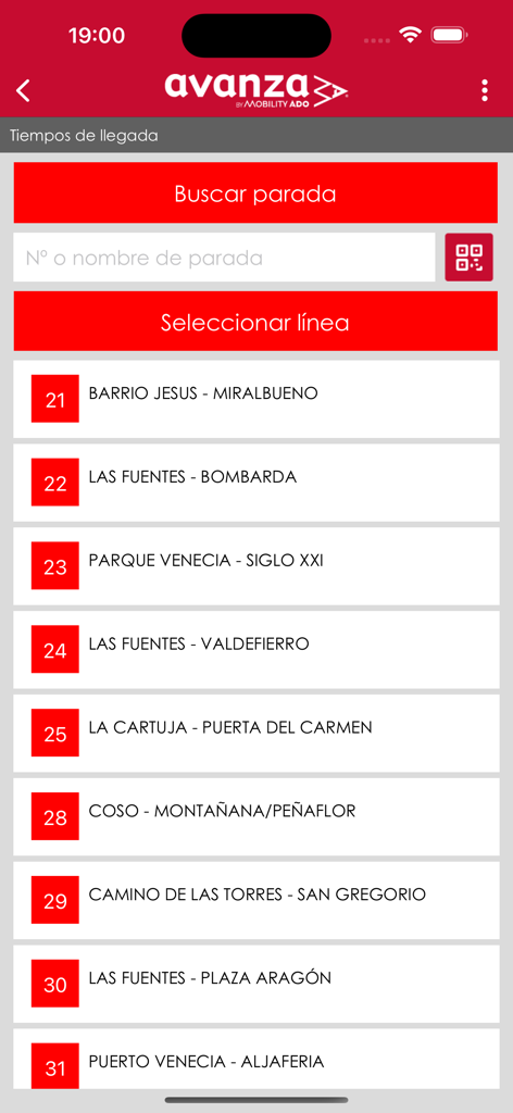 Interfaz de la app Autobuses Urbanos de Zaragoza mostrando una lista de líneas de autobús y opciones de búsqueda de horarios de llegada