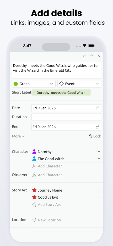 Aeon Timeline 3 - Interface d'Aeon Timeline 3 affichant les détails de l'événement pour une histoire impliquant des personnages et des arcs narratifs