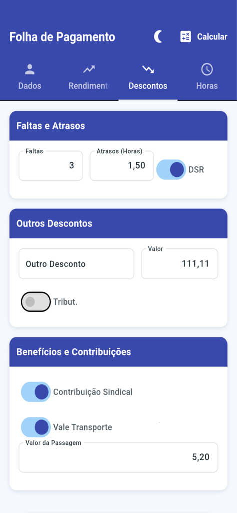 Folha de Pagamento - Tela de deduções do aplicativo Folha de Pagamento para calcular faltas, taxas sindicais e vales-transporte de acordo com a legislação trabalhista brasileira