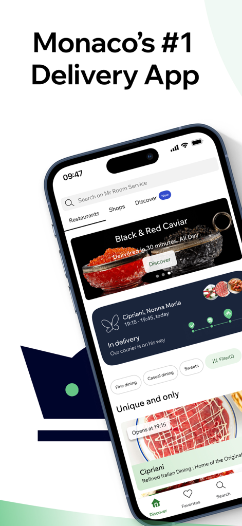 Mr Room Service app interface showing luxury food delivery in Monaco with gourmet options like caviar