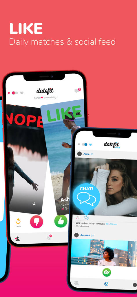 Interfaz de la aplicación Datefit que muestra la función de deslizar para coincidencias diarias de fitness y un feed social para la participación de la comunidad.