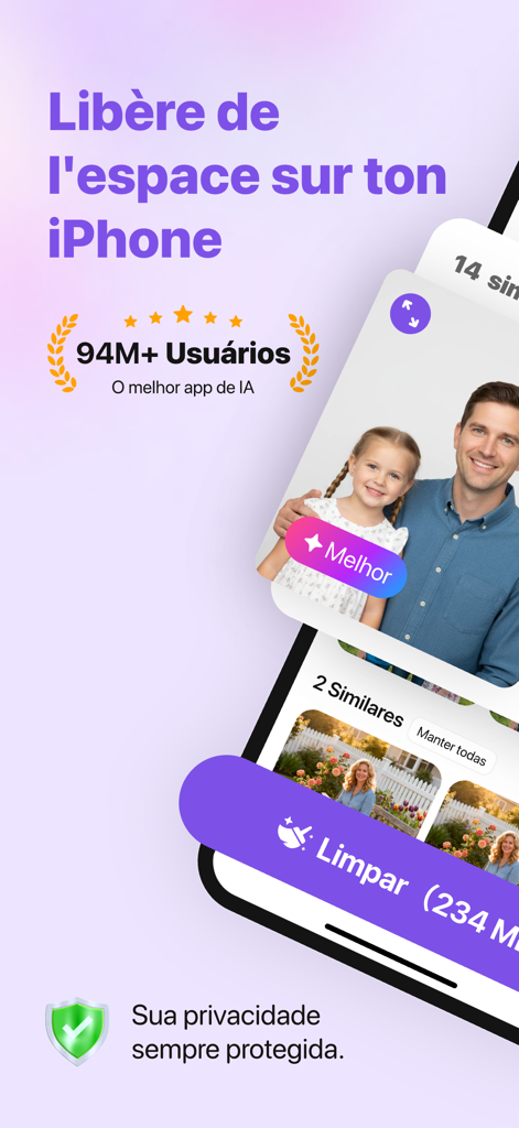 MediaClean: storage cleaner - MediaClean app interface on an iPhone showing AI similar photo cleanup and privacy protection features