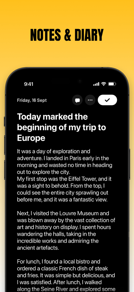 Evo - The Everything App - Evo app notes and diary interface showing a journal entry