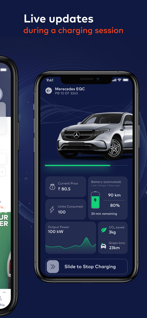 Statiq: EV Charging Stations - Interfaz de la aplicación móvil Statiq que muestra el estado de la carga del VE y las métricas de la batería en tiempo real.