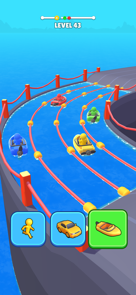 Boats racing on water lanes in Wheels Change Challenge with vehicle transformation selection icons