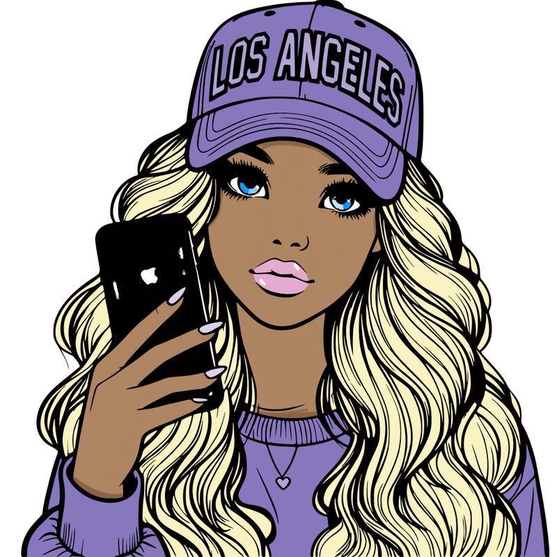 realistic beautiful girl wearing los ángeles cap holding an iphone