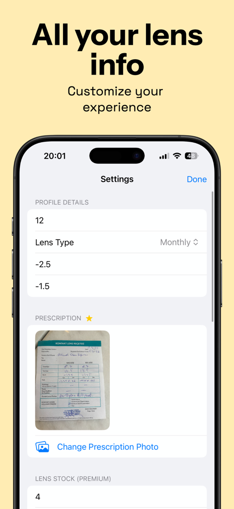 The Lens Tracker app settings screen showing contact lens profile details and a photo of a stored medical prescription.