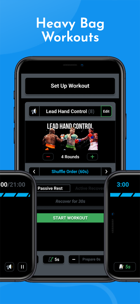 PRO BOXING: Training & Fitness - Pantalla de configuración de entrenamiento de saco pesado con ejercicios de control de la mano delantera y temporizador de asaltos