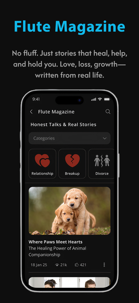 Flute - Love & Life Companion - Interfaccia di Flute Magazine che mostra articoli su relazioni e storie di guarigione.