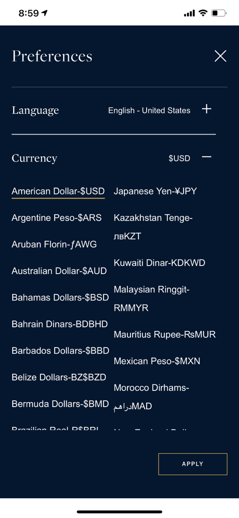 Sotheby's International Realty - Sothebys International Realty app preferences screen showing currency and language selection