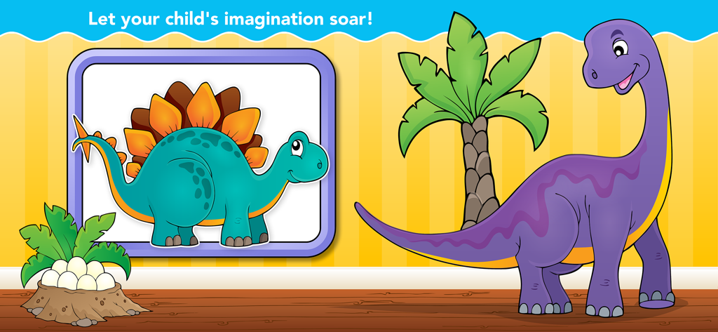 Toddler Coloring Book for Kids - Arte vibrante de dinossauros exibida em uma galeria digital para crianças