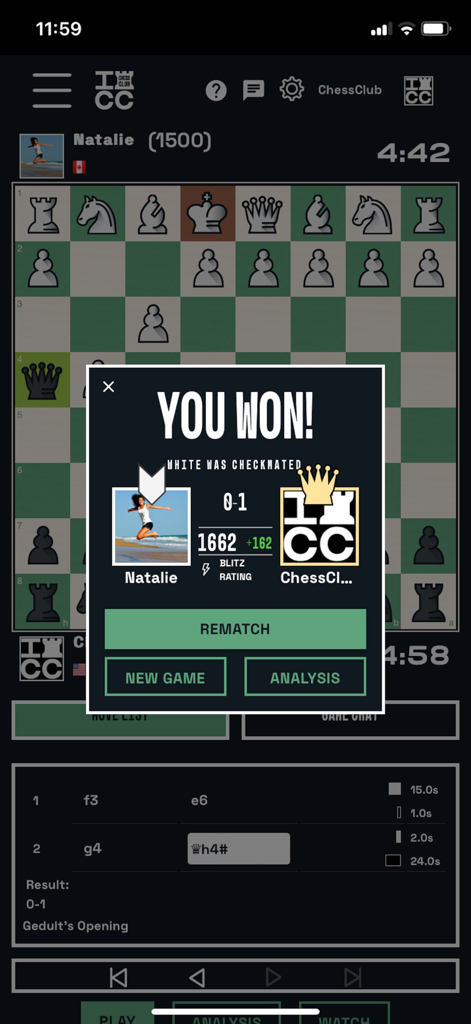 Chess at ICC, play & learn - Chess game win screen on the ICC app showing a checkmate victory and rating increase