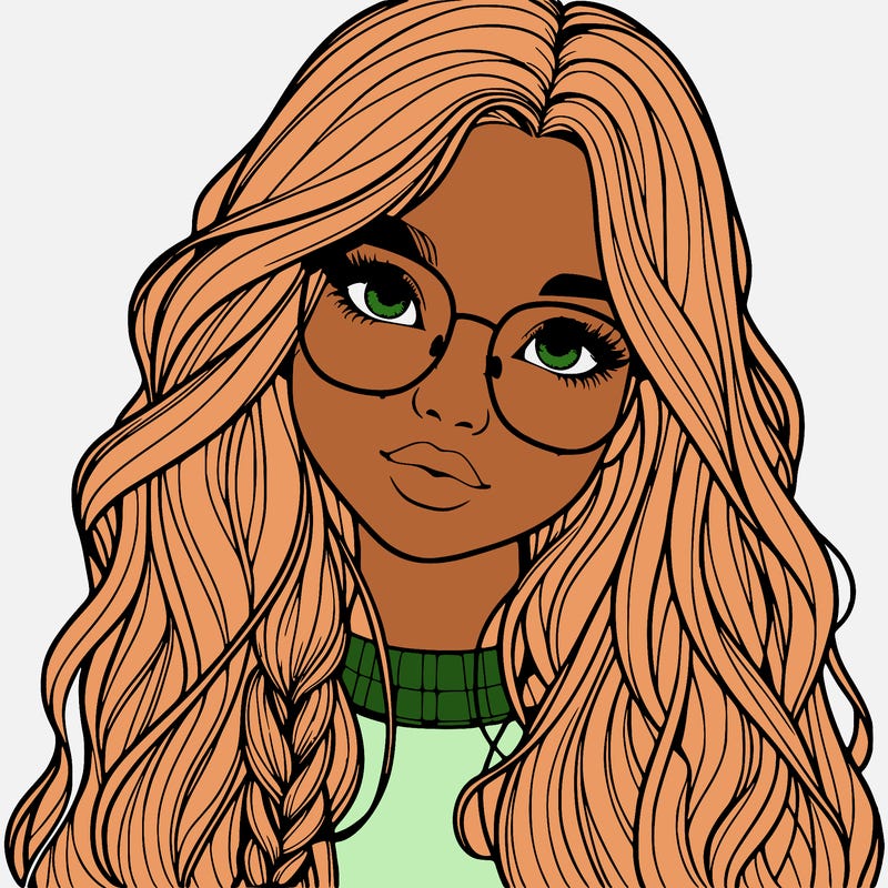 girl with long hair and freckles and glasses realistic