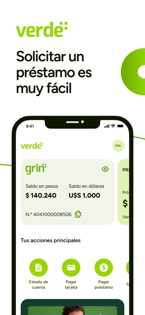 Verde FUCAC - Panel de la app Verde FUCAC que muestra saldos de la billetera digital Grin y botones de acción rápida para la gestión financiera.