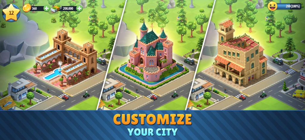 Una exhibición de tres estilos de edificios diferentes en City Island 6, incluyendo una villa ornamentada con piscina, un castillo rosa con foso y un edificio urbano de varios pisos.