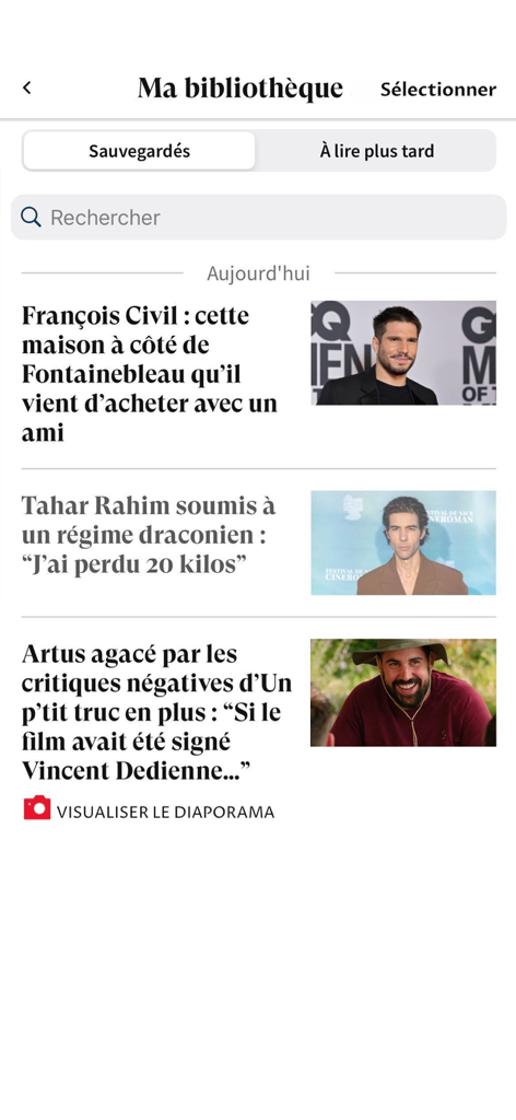 Gala-App-Oberfläche mit gespeicherten Promi-Nachrichtenartikeln im Abschnitt Meine Bibliothek