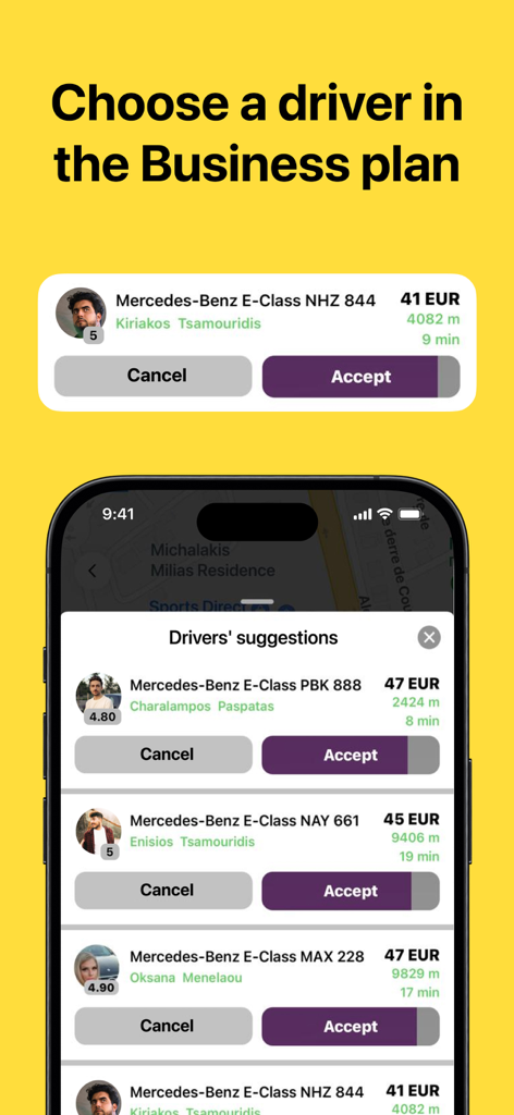 Alfa: Taxi & Cab Ride Cyprus - Interface of the Alfa taxi app showing a list of business class drivers with prices and arrival times in Cyprus.