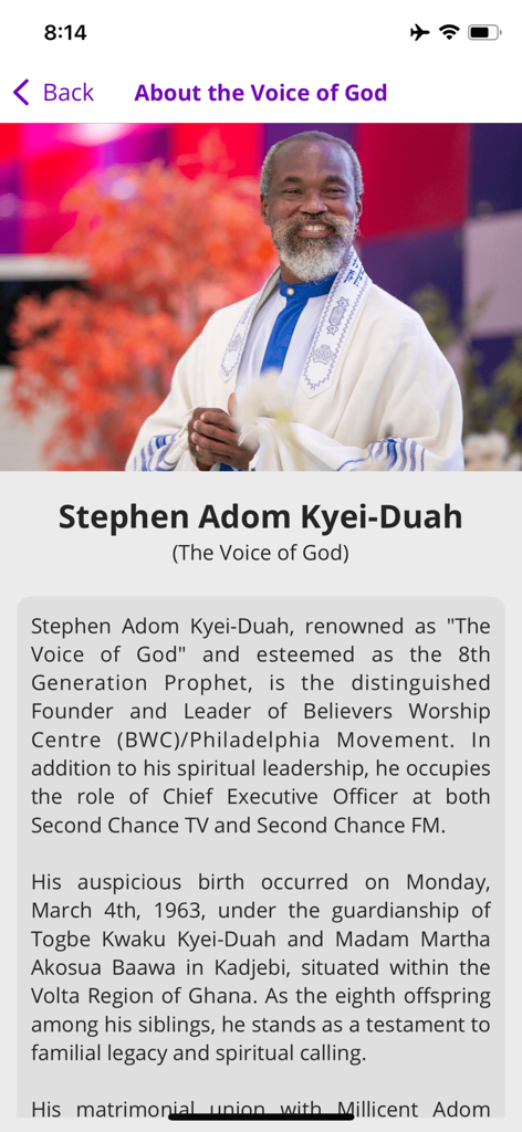 Biography page of Prophet Stephen Adom Kyei-Duah featuring his portrait and life history