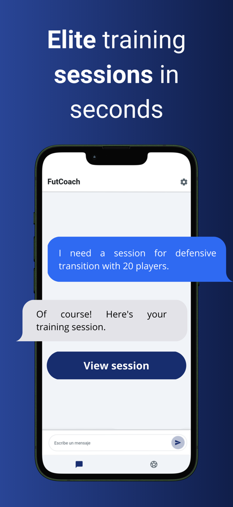 FutCoach - Interfaz de la aplicación FutCoach mostrando un chat donde el asistente de IA genera una sesión de entrenamiento de fútbol para transición defensiva en segundos
