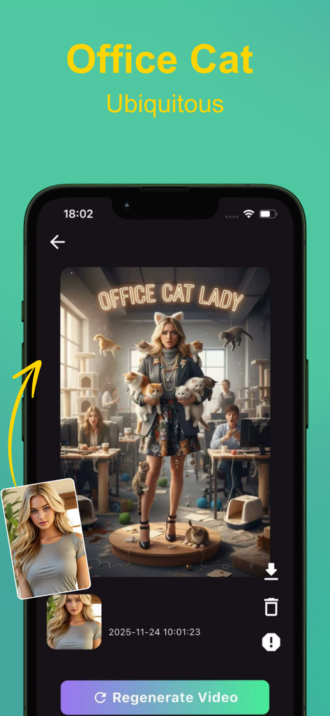 Solara AI app interface demonstrating the Office Cat template transforming a woman's portrait into a creative AI-generated scene with cats in an office