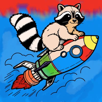 realistic raccoon flying on top rocket ship