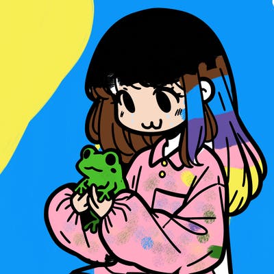 girl with long hair and a oversized shirt. and she is holding a frog