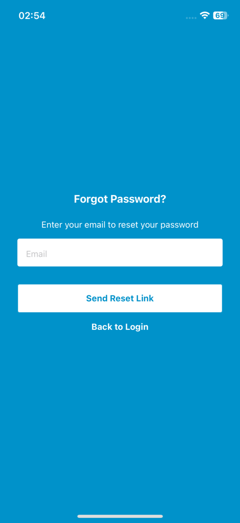 wowo - WOX - Passwort vergessen-Bildschirm der wowo WOX Field Service Management-App mit einem E-Mail-Eingabefeld und einer Schaltfläche zum Senden des Reset-Links.