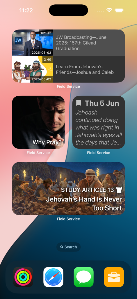 JW Service - JW Service app widgets on an iPhone home screen showing daily spiritual content