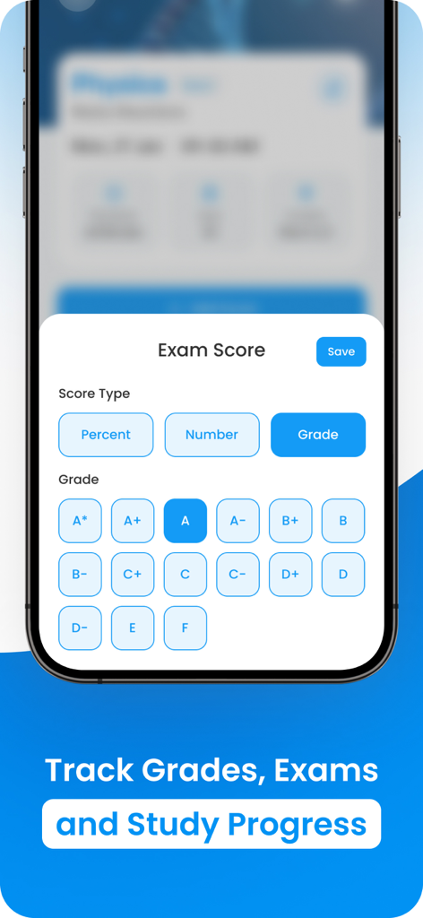 Interface of My Study Life app showing an exam score entry screen with grade selection.